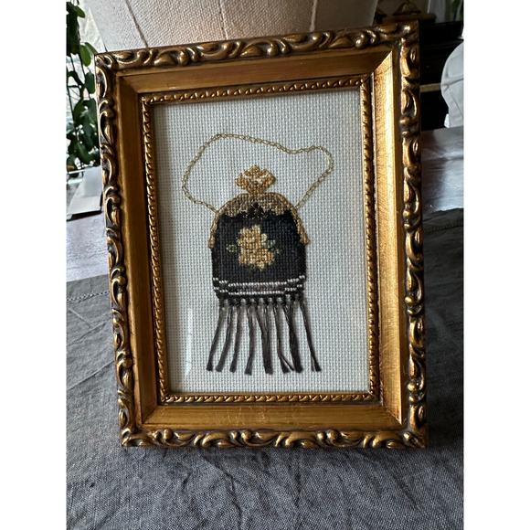 Framed needlepoint finished Counted Cross Stitch Vintage Purse Sandy Clough 6x7” - Picture 1 of 12